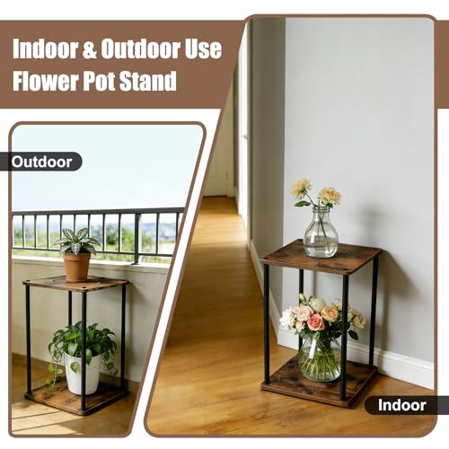 Vigordream Plant Stand Indoor Outdoor 2 Tier Metal Plant Shelf Tall Pedestal Stand Flower Pot Stands Multiple Planter Support Rack for Corner Living Room, Balcony, Garden Patio (Retro Brown, 17 INCH) - size: 17 INCH