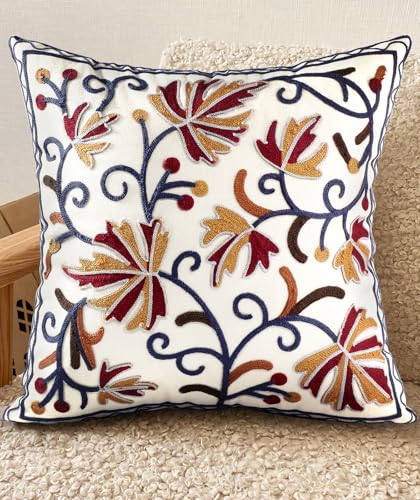 Embroidered Throw Pillow Cover - 18x18 Decorative Pillow Cover with Zipper Aesthetic Cute Design Boho Spring Summer Throw Pillowcase for Living Room Couch Sofa Bed, Fall Flower - color: Fall Flower, size: 18" x 18" (Pack of 1)