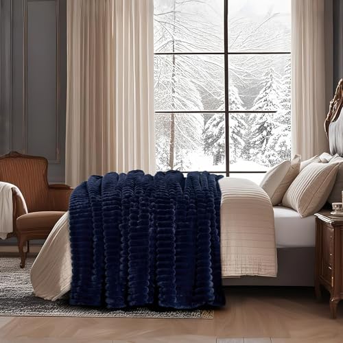 Amélie Home Faux Fur Throw Blanket for Couch, Cozy Fuzzy Fluffy Fur Luxurious Soft Striped Plush Gift Blankets for Family Sofa Chair Bedroom, 55"x70", Navy Blue - color: Striped Navy Blue, size: Throw(55"x70")
