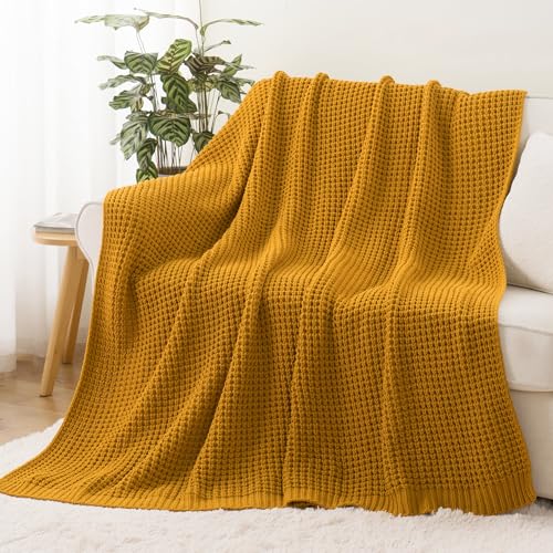 Bunnikins & Clover Knitted Waffle Throw Blanket 50x60 Inches, Mustard Yellow Throw Blanket for Couch, Soft Cozy Chenille Knit Blanket Warm Decorative Throw for Sofa - color: Mustard, size: 50"x60"