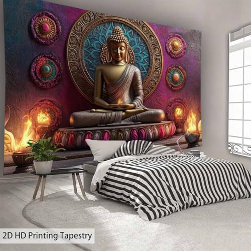FENDROM Vintage Meditation Tapestry Gloden Buddha Zen Happiness Wall Hanging Large Tapestries Psychedelic Buddhist Poster Decorations Bedroom Living Room Dorm - color: Red, size: 79"L x 59"W