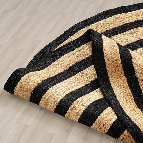 GRUHUM Round Jute Black Area Rugs 10ft Natural Fiber Rug with Rings Handwoven Boho Reversible Farmhouse Braided Rustic Vintage Rug Indoor Kitchen Bedroom Living Room Hallways Enterways 10 feet Circle - color: Natural / Black, size: 10' (Round)