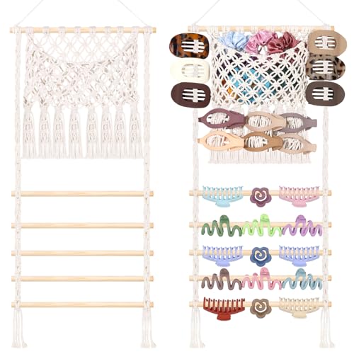 SNOWSTAR Macrame Hair Claw Clip Organizer,Large Capacity Mesh Bag Scrunchies Holder and Hair Ties Organizer for Women Girls,Hair Accessorie Hanging Storage Home Decor Wall,Door - color: White