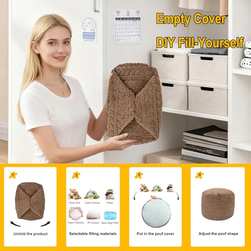 Poofieotto Unstuffed Ottoman Pouf Cover – Round Faux Fur Footstool Plush Floor Pouf (No Filler Included) Perfect for Living Room, Bedroom, or Office Lounge (Coffee, 26x26x18 in) - color: Coffee, size: 26"D x 26"W x 18"H