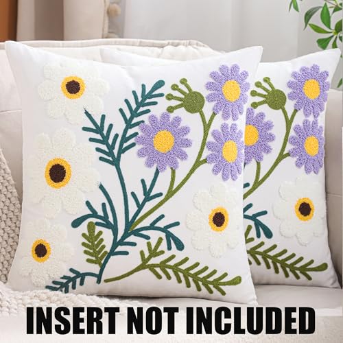 Embroidered Throw Pillow Covers 18x18 Pack of 2 Floral Pillow Covers Farmhouse Pillow Case Outdoor Garden Cushion Case Summer Decorations for Home (Purple and White Flower) - color: Purple-white Flower
