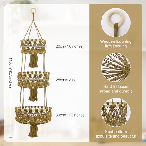 3-tier Hanging Fruit Baskets for Kitchen, Woven Cotton Rope Fruit Hammock, Macrame Hanger Holder for Fruit Vegetable Produce Storage & Organization, Boho Hanging Plant Holder for Indoor Outdoor - color: Caramel