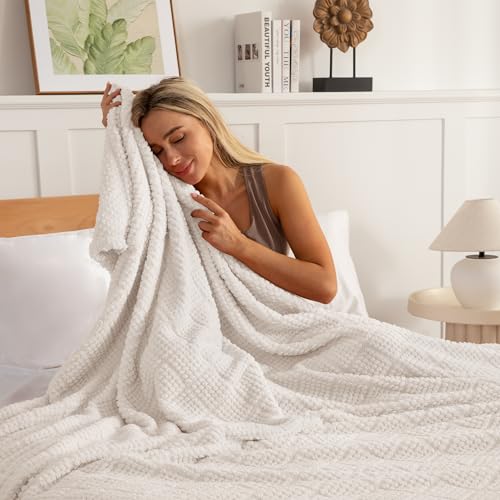 Whale Flotilla Fuzzy Fleece King Size Blanket for Bed, Soft Fluffy Jacquard Waffle Blankets for All Season, Lightweight and Cozy, 90x104 Inch, Ivory - color: Ivory, size: King(90x104 Inch)