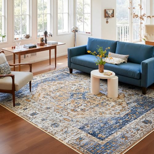 Amearea Vintage Design Area Rugs for Living Room, 4x6 Machine Washable Floral Collection Traditional Bedroom Rug, Low Pile Kids Room Print Carpet, No Slip Office Kitchen Home Decor, Blue and Orange - color: Blue/Orange, size: 4' X 6' (Rectangular)