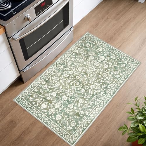 Vintage Entryway Rug Indoor, Sage Green Beige Washable Rug 2x3, Small Area Rug with Non-Slip Backing, Floral Print Thin Faux Wool Super Soft Door Mat for Kitchen, Entrance, Bedroom, Office - color: Muted Sage Green With Beige Accents, size: 2' x 3' (Recta
