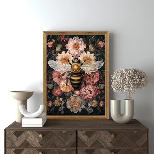ICHZUMW Dark Cottagecore Room Decor, William Morris Bee Floral Print, Boho Witchy Mystical Home Decor, Goblincore Botanical Wall Art, Dark Academia Canvas for Bathroom Bedroom, 16x24in - color: Bee, size: 24"L x 16"W