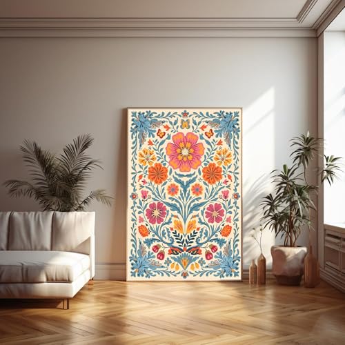SKTBJWNYK Mexican Wall Art Vintage Mexican Floral Canvas Wall Art Colourful Floral Painting Boho Botanical Prints Rustic Home Decor for Living Room Bedroom 16x24 Inch Unframed - color: Blue Mexican Flower, size: 24"L x 16"W