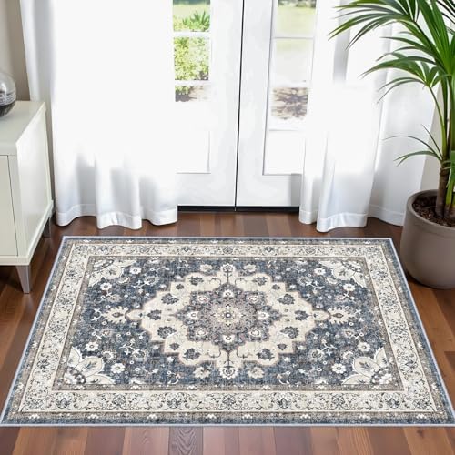 Washable 2x3 Entryway Area Rug: Vintage Non-Slip Backing Rugs for Kitchen Bathroom Water Resistant Carpet for Bedroom Soft Low Pile Front Door Mat for Dining Room 2x3 Blue - color: Blue, size: 2' x 3' (Rectangular)