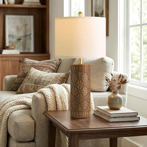 BOBOMOMO 27" Tall Table Lamps Set of 2, Modern Farmhouse Geometric Bedside Lamps, Rustic Wood Grain Resin Nightstand Lamps for Living Room, Bedroom, Entryway, Linen Shade, Cottage Home Decor - size: 27"