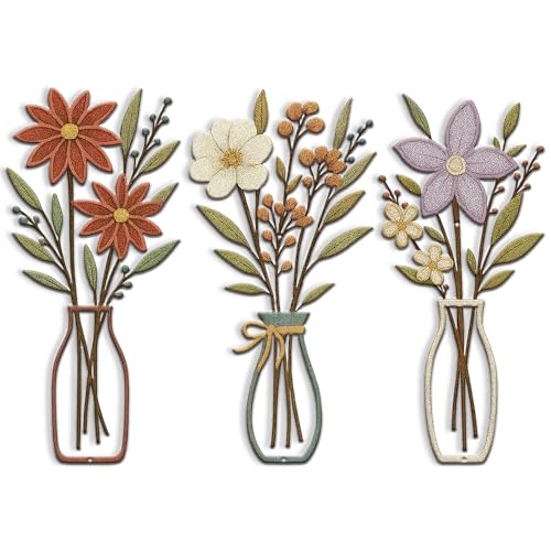 3 Piece Metal Flower Wall Art for Bedroom Living Room Rustic Farmhouse Floral Wall Decor for Bathroom Dining Room Boho Home Decorations Modern Minimalism Walls Hanging Sculptures(Red Purple) - color: Red Purple & Vase Flower