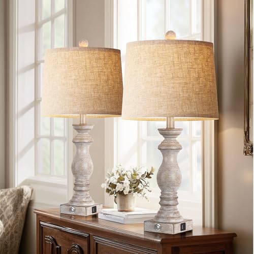 24.5" Table Lamp Set of 2, Rustic Farmhouse Bedside Lamps with USB A+C Charging Ports, 3-Way Dimmable Touch Control Nightstand Lamps for Living Room Bedroom, Antique Grey White, LED Bulbs Included - color: Antique Grey White