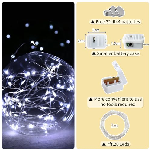 12 Pack White Fairy Lights Battery Operated, 7ft 20 LED Mini String Twinkle Lights for Christmas Halloween Easter Mason Jars Centerpiece Table Decorations (12, White) - color: White