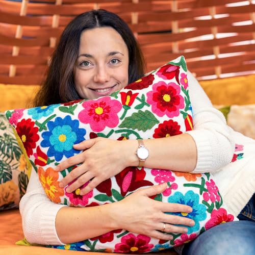 HunnmingRe Mexican Embroidered Throw Pillow with Insert 18 x 18 Inch Mexican Boho Embroidered Pillow Cover Decorative Fiesta Colorful Floral Cushion Decor for Sofa Living Room Couch Bedroom(White) - color: White