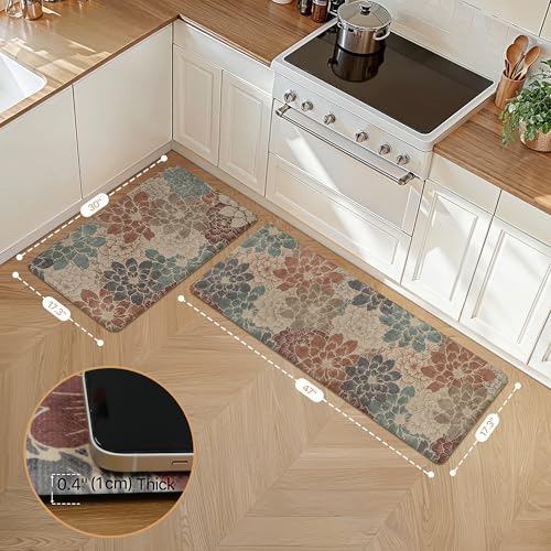 GENIMO Kitchen Mats for Floor, Kitchen Rugs Non Slip Washable Sets of 2, Waterproof Cushioned Anti Fatigue Mat, Floral Runner Rug for Laundry, Sink, Office, Home, 17.3"x47"+17.3"x30", Red - color: Red, size: 17.3"x47"+17.3"x30"