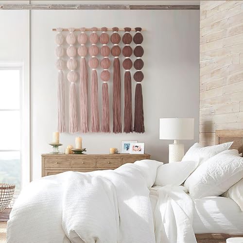 IOWER Macrame Wall Hanging Yarn Wall Art Boho Wall Decor Tassel Wall Decor for Bohemian Home Living Room Bedroom Backdrop 27" W x 31" L - color: Brown Red