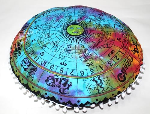Round Mandala Floor Pillow Cover Seating Cushion Throw Cover Hippie Decorative Bohemian Ottoman Pouf Cover, Pom Pom Pillow Cases,Boho Indian 32 Inches Multi Zodiac - color: Multicolor, size: 32" Round
