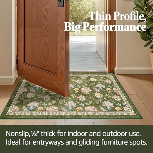 jinchan Elora 2x3 Floral Rug for Entryway Washable Kitchen Rug Vintage Romance Design Small Mat Non Slip Indoor Doormat Lightweight Low-Profile Throw Carpet for Entrance Bathroom Laundry Room, Green - color: Bloom Green, size: 2' x 3' (Light Weight)