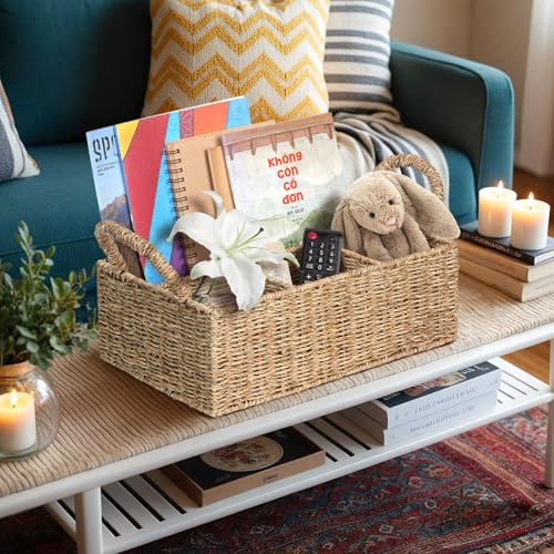 Divided Baskets with Handles, Storage Basket Natural for Organizing Bathroom Kitchen Shelves Office Supplies Organization, Wicker Storage Baskets 4 Section, 4-Compartment Wicker Basket. - color: Dark Brown