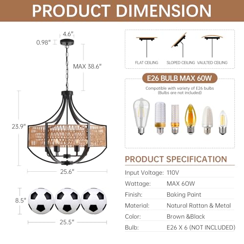 25.6" Large Rattan Farmhouse Chandelier, 6-Light Boho Black Modern Chandelier Light Fixture, Rustic Wicker Chandelier with Woven Shade for Dining Room, Living Room, Bedroom - color: V-Weave Round Rattan, size: Large 6 light 25.6 inches