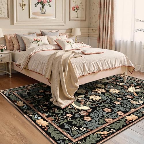 5'x7' Area Rugs Washable,Boho Rug for Living Room Bedroom,Large Farmhouse Botanical Bohemian Distressed Oriental Carpet Non Slip,Black Floral Bird - color: Black Floral Bird, size: 5'x7'