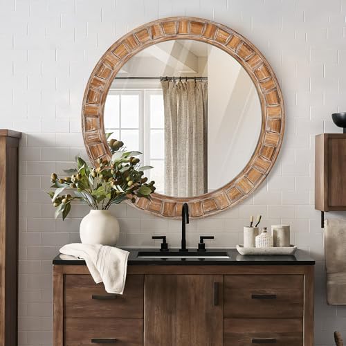 30 Inch Brown Solid Wood Round Wall Mirrors, Decorative Circle Mirror for Bathroom, Bedroom, Living Room, Hallway, Foyer, Entryway - color: B - Circle -30x30 in