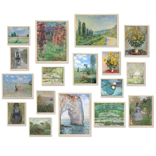KBKBART 17 PCS Claude Monet Eclectic Wall Art Collage, Vintage Prints for Wall Decor, Canvas Impressionist Gallery Painting, Monet The Cliffs at Etretat Posters for Living Room Aesthetic, Rustic Collage Kit, Dorm Home Decor, Unframed - color: Monet Impres