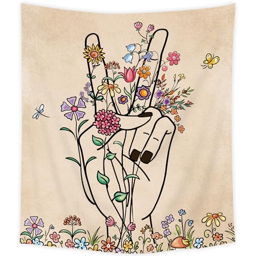 SVBright Peace and Love Beige Tapestry Abstract Hand Flower Botanical Wall Hanging 51Wx59H Inch Minimalist Hippie Floral Line Art Colorful Modern Finger Home Decor for Living Room Bedroom Dorm Fabric - color: Abstract Hand, size: 59"L x 51"W