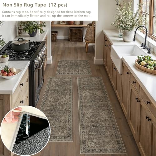 Kitchen Rug Set of 3 Washable Brown Vintage Kitchen Mats for Floor Non-Slip Kitchen Runner Rug Soft Low Pile Distressed for Bathroom Laundry Hallway Sink Entryway - color: Retro/Brown, size: 20"x32"+20"x48"+20"x59"