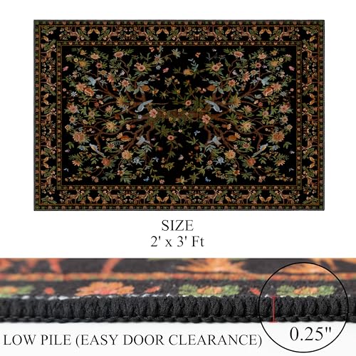 Entryway Rug 2x3 Washable, Black Non-Slip Small Area Rug, Boho Floral Botanical Low Pile Carpet for Front Door, Bathroom, Kitchen - color: Black, size: 3' x 2' (Rectangular)