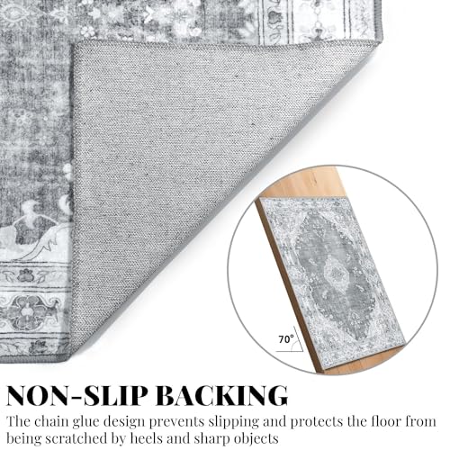 MUJOO Grey Rug 2'x3',Small Washable Area Rugs for Entryway Kitchen Bathroom Bedroom,Boho Vintage Bohemian Distressed Farmhouse Non Slip Carpet, Floral - color: Grey, size: 2' x 3' (Rectangular)