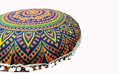 ICC New Blue Ombre 24" Mandala Barmeri Large Floor Pillow Cover Cushion Meditation Seating Ottoman Throw Cover Hippie Decorative Zipped Bohemian Pouf Ottoman Pom Pom Cases 24" Round - color: Blue Yellow, style: 24 Inch Round