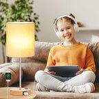 Lynnoland Set of 2 Touch Wood Table Lamps, Bedroom Lamps with 2 USB AC Outlet, 3-Way Dimmable Bedside Nightstand Lamps for Bedroom Living Room Nursery, 800 Lumens 2700K Bulbs Included - color: (2 Pack)Beige & Wood(Base)-2700K Bulbs Included