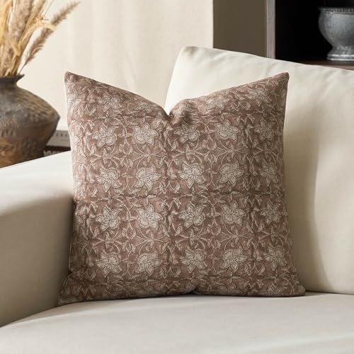 DOMVITUS Floral Pillow Covers 18x18 Throw Pillow Covers Block Print Vintage Decorative Neutral Pillow Cover for Couch Bed Living Room Brown 1PC - color: Brown, size: 18" x 18" (Pack of 1)