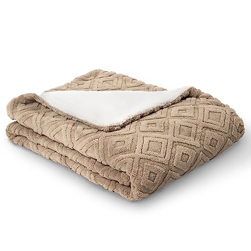 EverGrace Jacquard Boho Sherpa Fleece Throw Blanket for Couch, Super Soft Cozy Fuzzy Plush Blankets for Winter, Reversible Thick Warm Blanket for Bed, Sofa, Living Room, Khaki Tan, 108" x 90" - color: Khaki Tan, size: 108x90 Inches