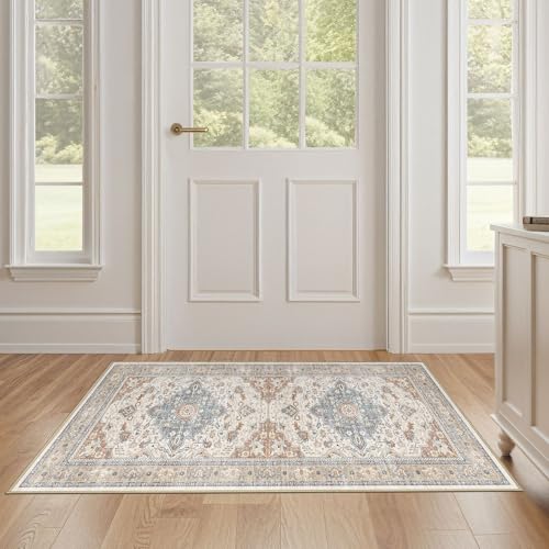 2x4 Rug Washable Runner Rug: Small Vintage Neutral Non-Slip Soft Accent Doormat Stain Resistant Floor Throw Mat for Entryway Kitchen Bedroom Nursery Entry Dorm- Beige Blue - color: Beige Blue, size: 2' x 4' (Runner)