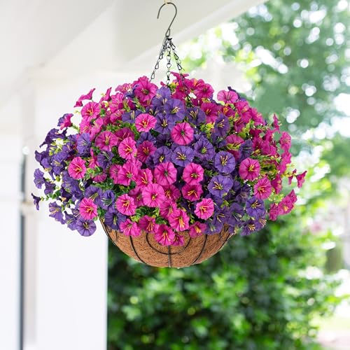 Artificial Faux Hanging Flowers Plants Basket for Spring Summer Outdoors Decoration, Silk Morning Glory with Eucalyptus Look Real UV Resistant Fake Flowers for Outside Porch Patio Balcony Home, Mix - color: Purple-fuchsia