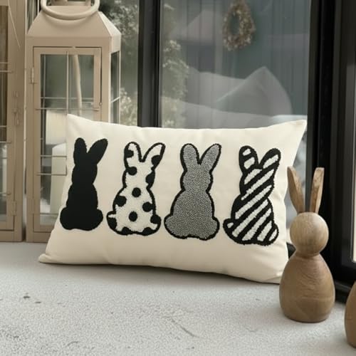 Jonhier Easter Bunny Lumbar Throw Pillow Cover, Black White Gray Neutral Rabbit Decorative Pillow Case for Bed Sofa Couch, Textured Modern Boho Cute Spring Cushion Cover for Home Decor, 12 x 20 inch - size: 20" x 12" (Pack of 1)