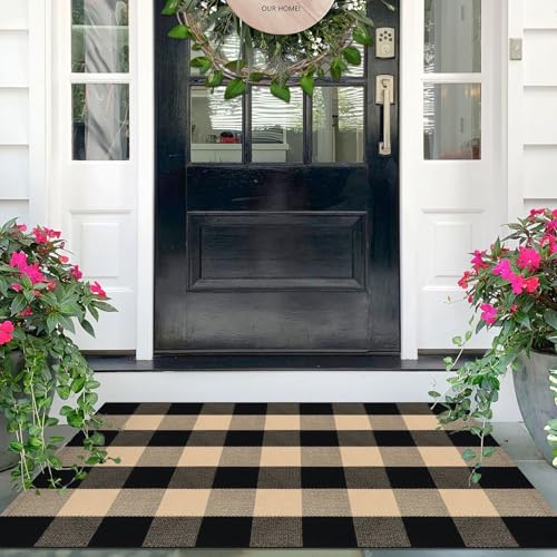 IOHOUZE Buffalo Plaid Checkered Rug 27.5 x 43 Inches Front Door Mats, Washable Area Rugs for Front Porch Welcome Mats Indoor Outdoor, Entryway Door Rug for Entryway, Home Entrance, Tan Black - color: Tan and Black, size: 2'4" x 3'8" (Rectangular)