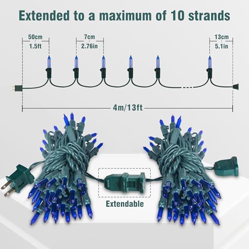 Hopolon Blue Christmas Lights, 13 Feet 50 Count String Light Green Wire, Pack of 2 Sets Incandescent Mini Lights for Indoor Outdoor Christmas Tree Garland Halloween Party Home Festival Decor,Blue - color: Blue,Green Wire, size: 2PACK, 50 count