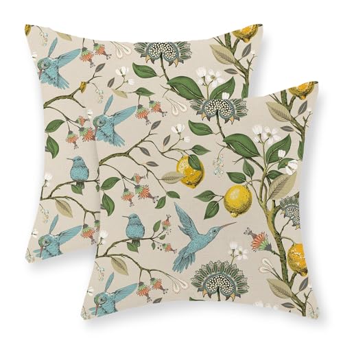 Blue Green Chinoiserie Pillow Covers 16x16 Inch 2 Pcs Vintage Floral Birds Decor Throw Pillows Boho Flower Seasonal Spring Summer Outdoor Decoration Pillowcase Linen Cushion Cover for Couch - color: Boho Floral Birds, size: 16" x 16" (Pack of 2)