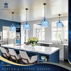 Farmhouse Pendant Light – Hand-Blown Blue Hammered Glass Shade, Black Finish, E26 Socket, Adjustable Chain Hanging Light Fixture for Kitchen Island, Dining Room & Hallway, 15" H x 12" D - color: Chain Blue