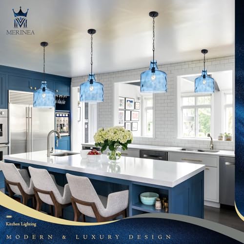 Farmhouse Pendant Light – Hand-Blown Blue Hammered Glass Shade, Black Finish, E26 Socket, Adjustable Chain Hanging Light Fixture for Kitchen Island, Dining Room & Hallway, 15" H x 12" D - color: Chain Blue