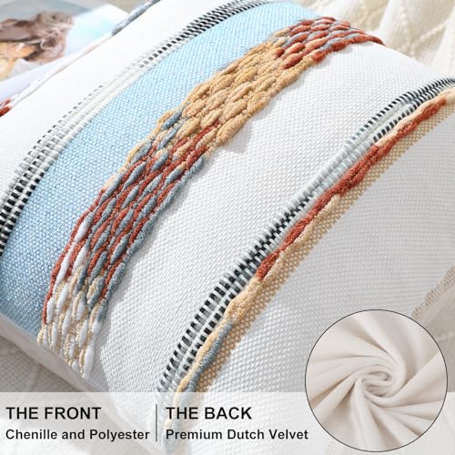 decorUhome Boho Decorative Throw Pillow Covers 18x18 Set of 2, Striped Chenille Tufted Pillow Covers with Tassels for Couch Bed Sofa, Cream White and Light Blue - color: Cream White and Light Blue