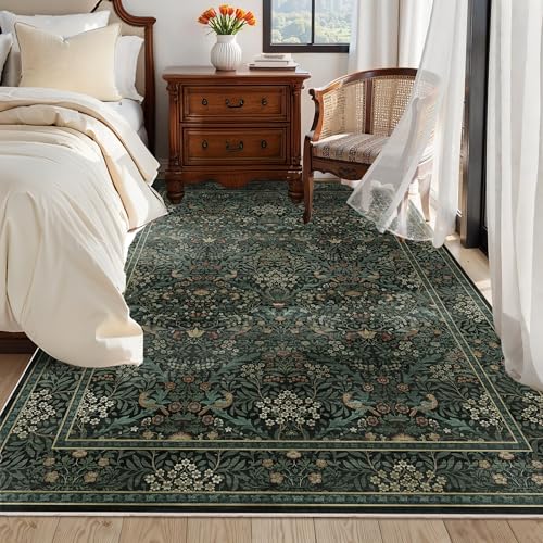 5x7 Floral Washable Area Rug for Living Room, Vintage Boho Large Rug for Bedroom Dining Room， Distressed Botanical Birds Non Slip Low Pile Forest Animal Throw Carpet for Farmhouse Office, Dark Green - color: Dark Green, size: 5' x 7' (Rectangular)