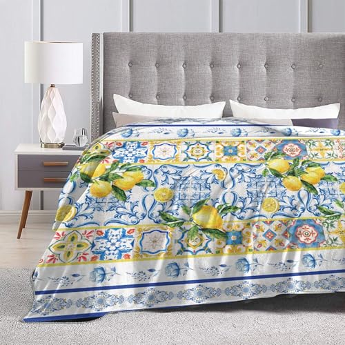 Summer Lemon Throw Blanket for Couch Chair Sofa Bed, Flannel Soft Watercolor Mediterranean Ceramic Tiles Floral Blanket for Bedroom Living Room Car, Warm Cozy Blankets for All Season 30"x 40" - color: Lemon01, size: 30X40 inch