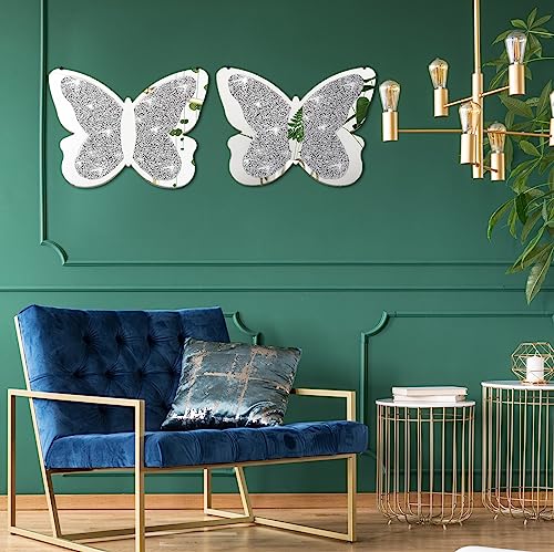 Vesici 2 Pieces Butterfly Shaped Mirror Crystal Crushed Diamond Silver Mirror Silver Wall Decor for Living Room Modern Decorative Artwork for Nursery Wedding Decor(19.69 x 14.57 Inch) - size: 20 x 12.6 Inch